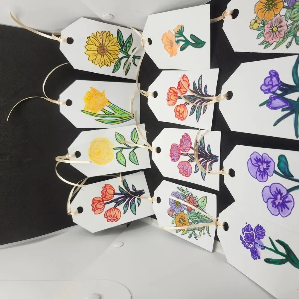 Hand Crafted Floral Colorful Gift Tags Thank You Cards Set of 12